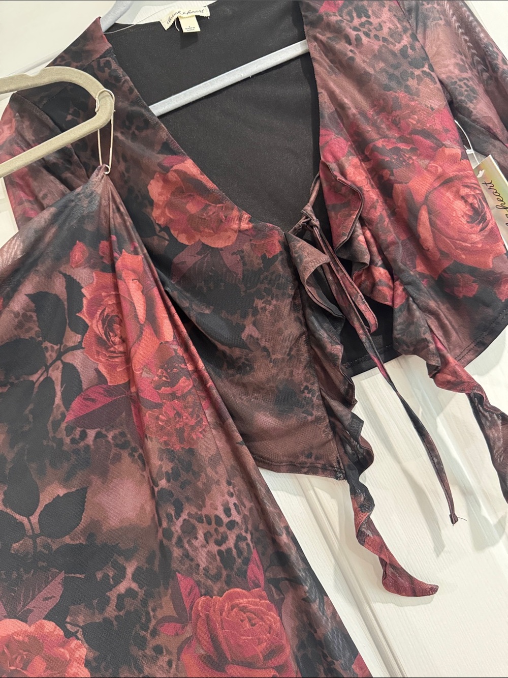 Floral Mesh Two-Piece Set in Burgundy and Black